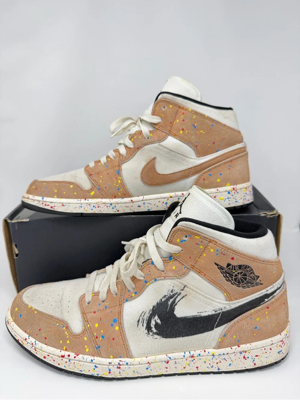 Air Jordan 1 Mid Canvas Paint-Splatter Sneakers - Beige & White